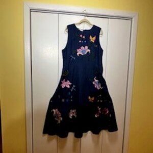 Appliquéd navy summer dress in linen. Fanm Mon, size xxl.